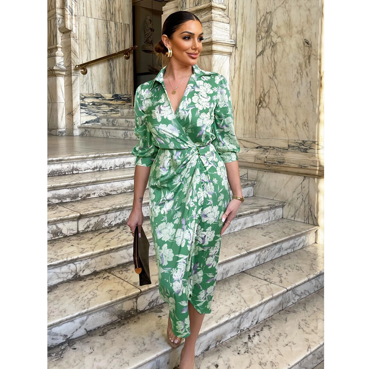 green floral wrap shirt midi dress with ruched detailing elasticated waist gold button accents flattering silhouette dress manufacturer wholesale supplier