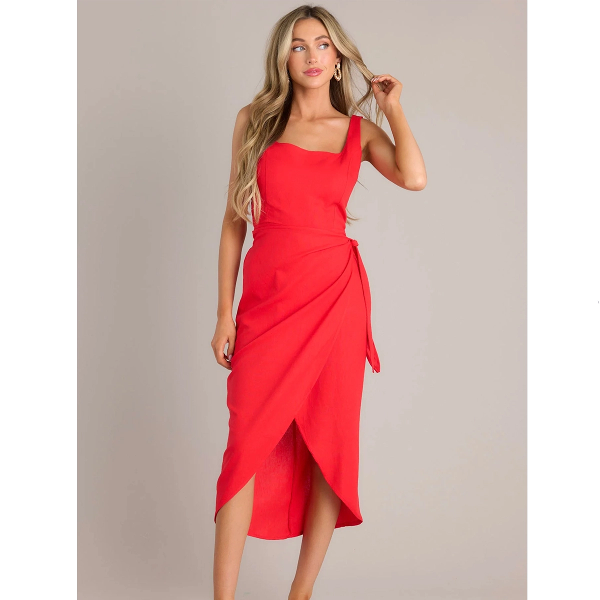 red linen blend midi wrap dress with square neckline smocked back waistband and tulip hem design