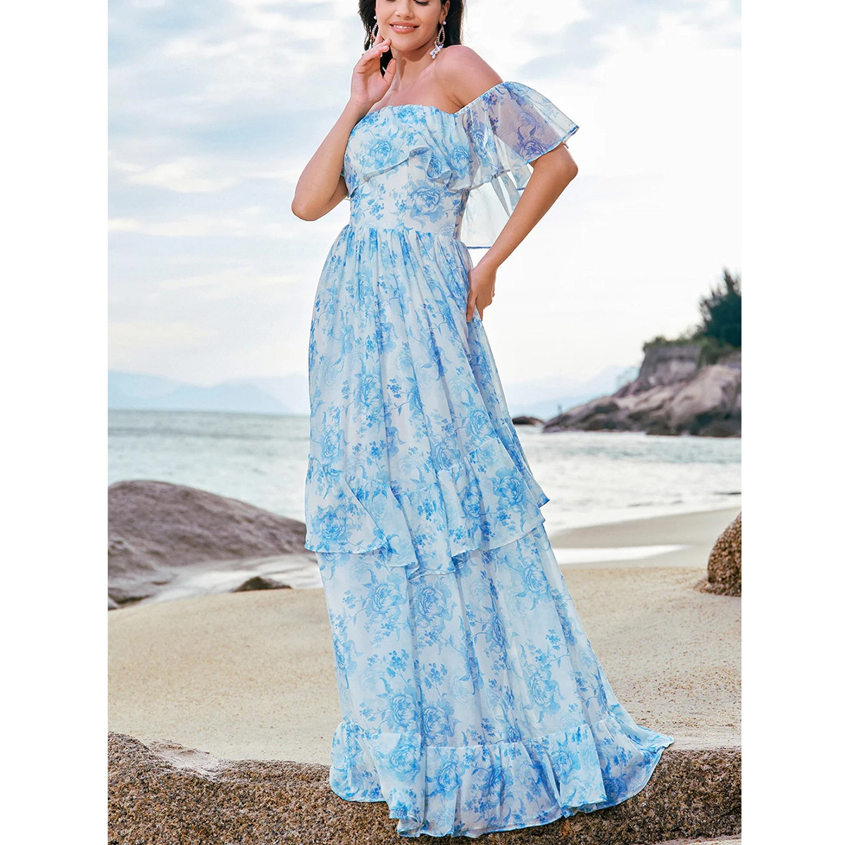 white blue floral off shoulder long boho bridesmaid dress with ruffle details flowing silhouette dress manufacturer wholesale supplier