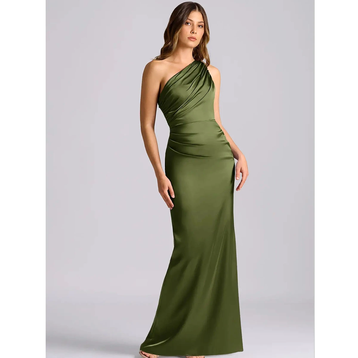 olive stretch satin one shoulder maxi bridesmaid gown pleated bodice hips floor length formal dress
