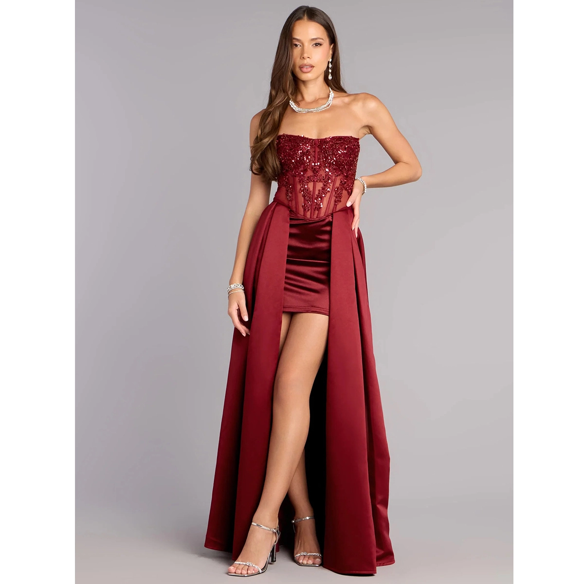 red formal dress sequined strapless corset ruched mini skirt satin overlay high slit