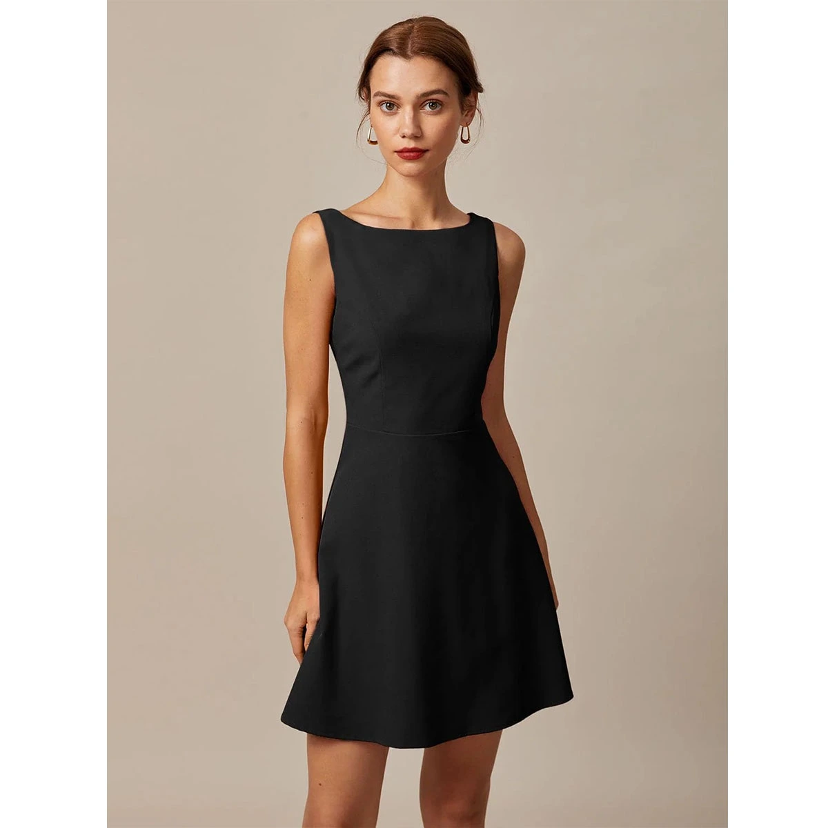 black sleeveless mini dress with boat neckline high waist backless design slim fit a-line skirt