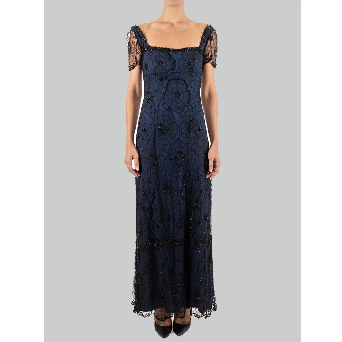 black vintage evening dress square neck sheer lace short sleeves fitted body midi length