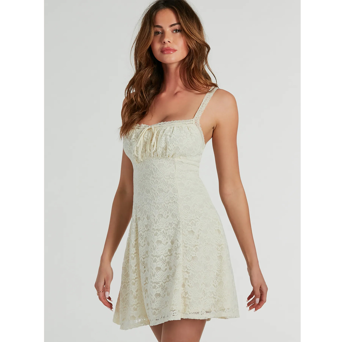 a line lace dress square neck shoulder straps front tie bust sleeveless casual everyday dress
