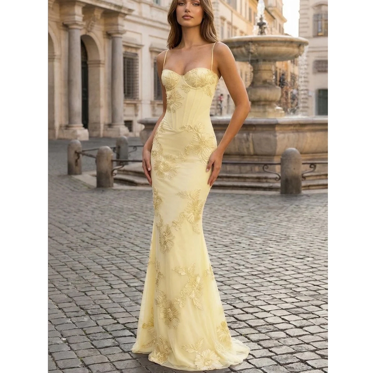 yellow corset evening dress with spaghetti straps lace up back floral embroidery sheath silhouette Title:
