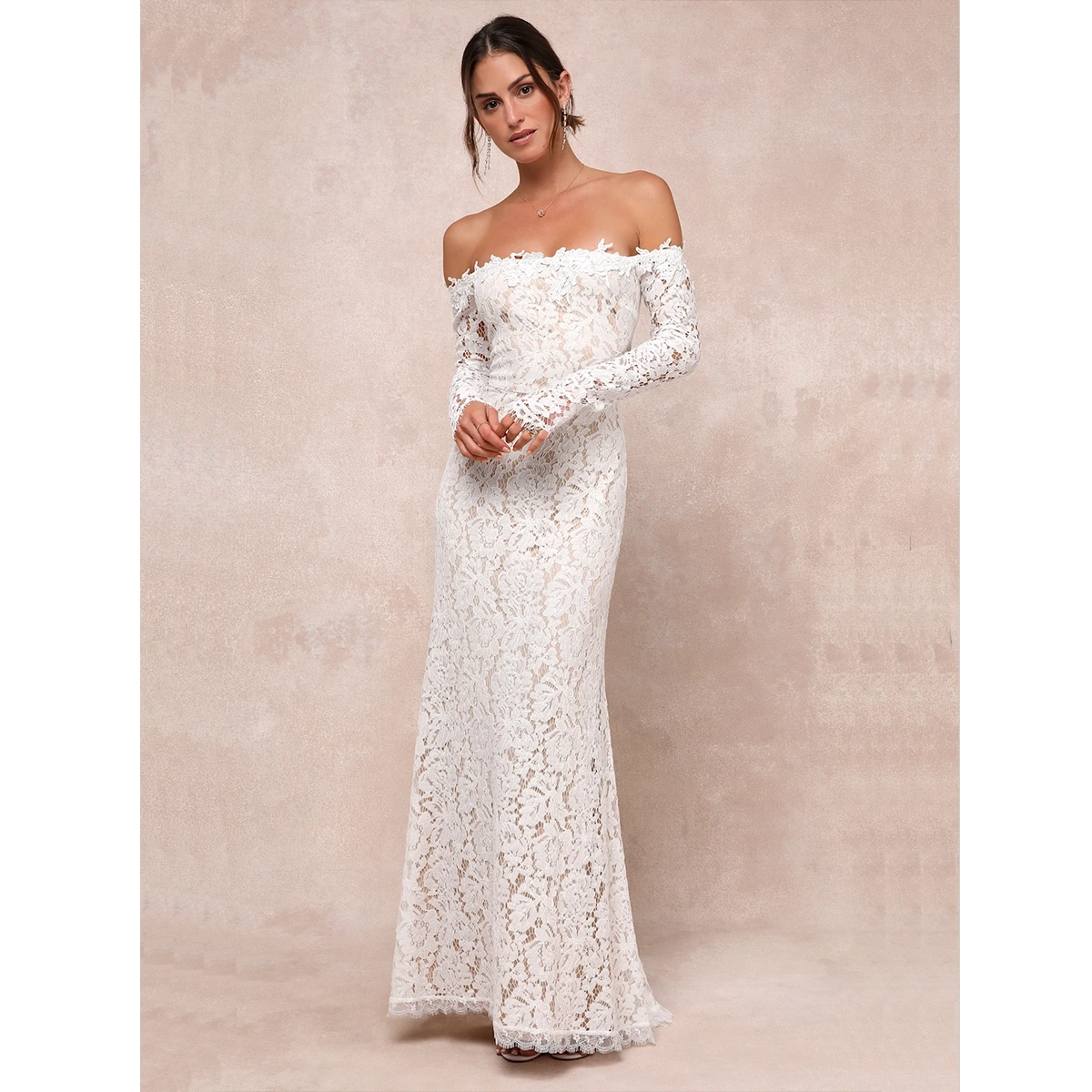 white lace off shoulder maxi dress with sheer sleeves mermaid silhouette floor length back seam detail