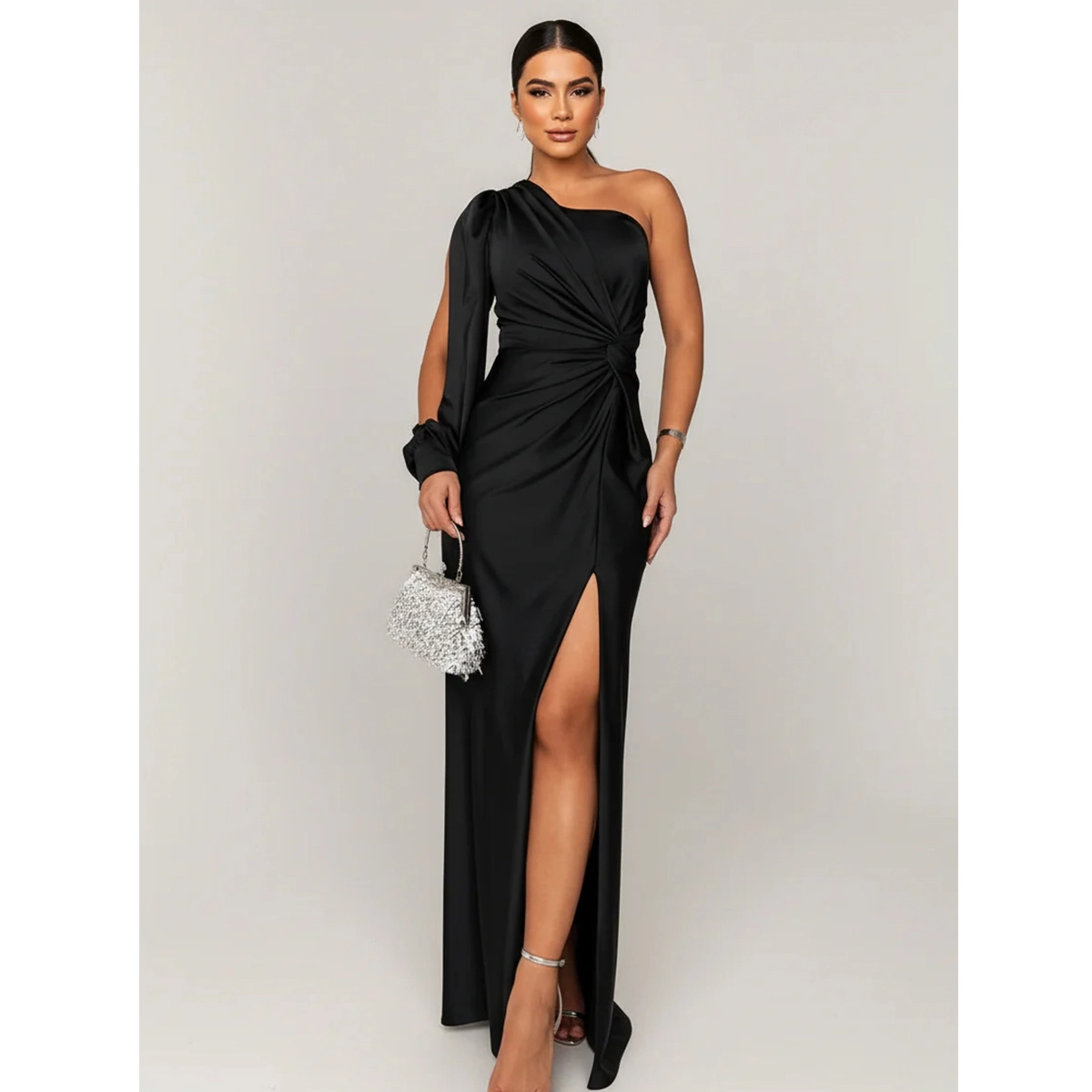 one shoulder wedding guest dress with graceful drape detail and side split modern silhouette dress manufacturer wholesale supplier