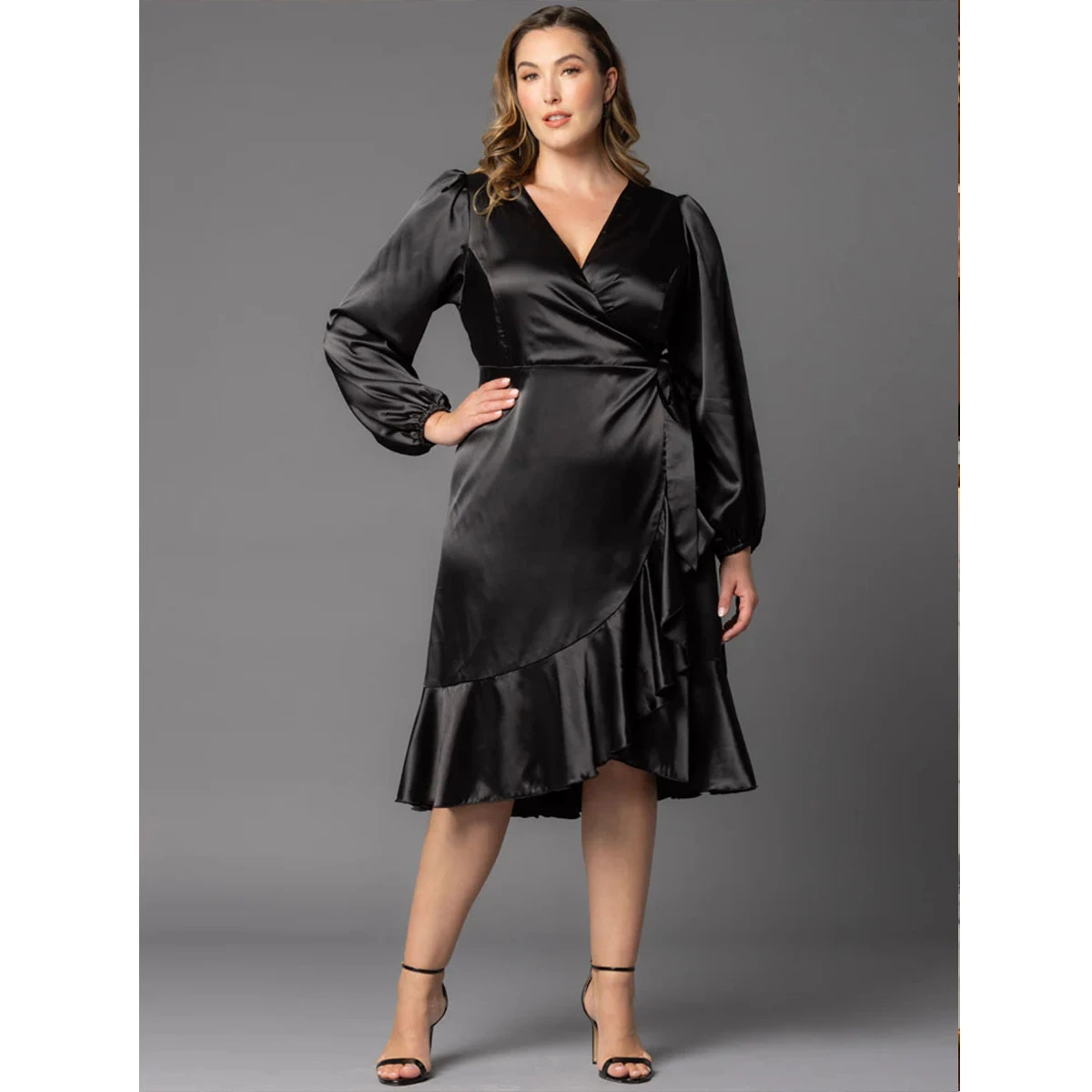 black satin plus size wrap midi midi dress v neck long sleeves side tie ruffled flared hem formal evening dress