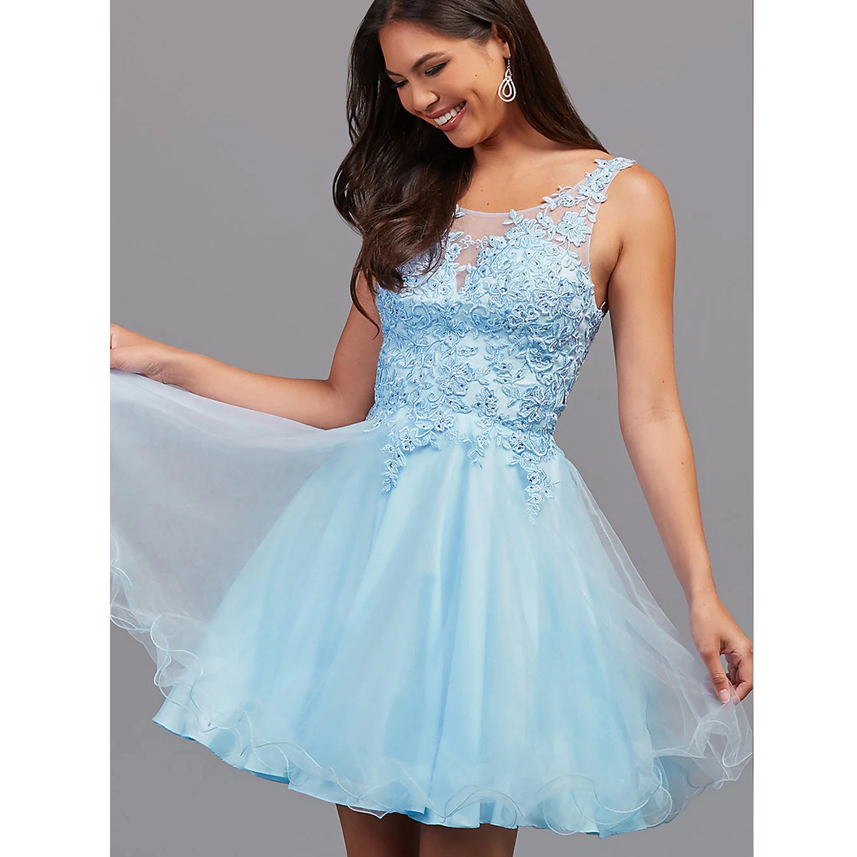 babydoll sleeveless short prom dress scoop neckline a line skirt embroidered bodice sheer mesh back wholesale