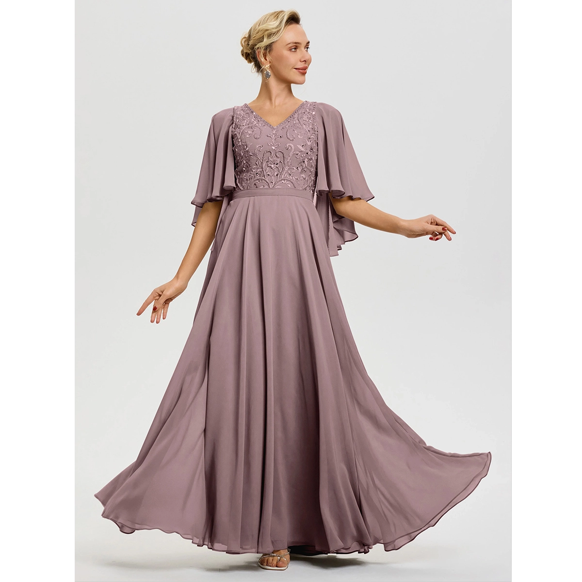 vintage boho dress v-neck a-line half sleeves maxi length