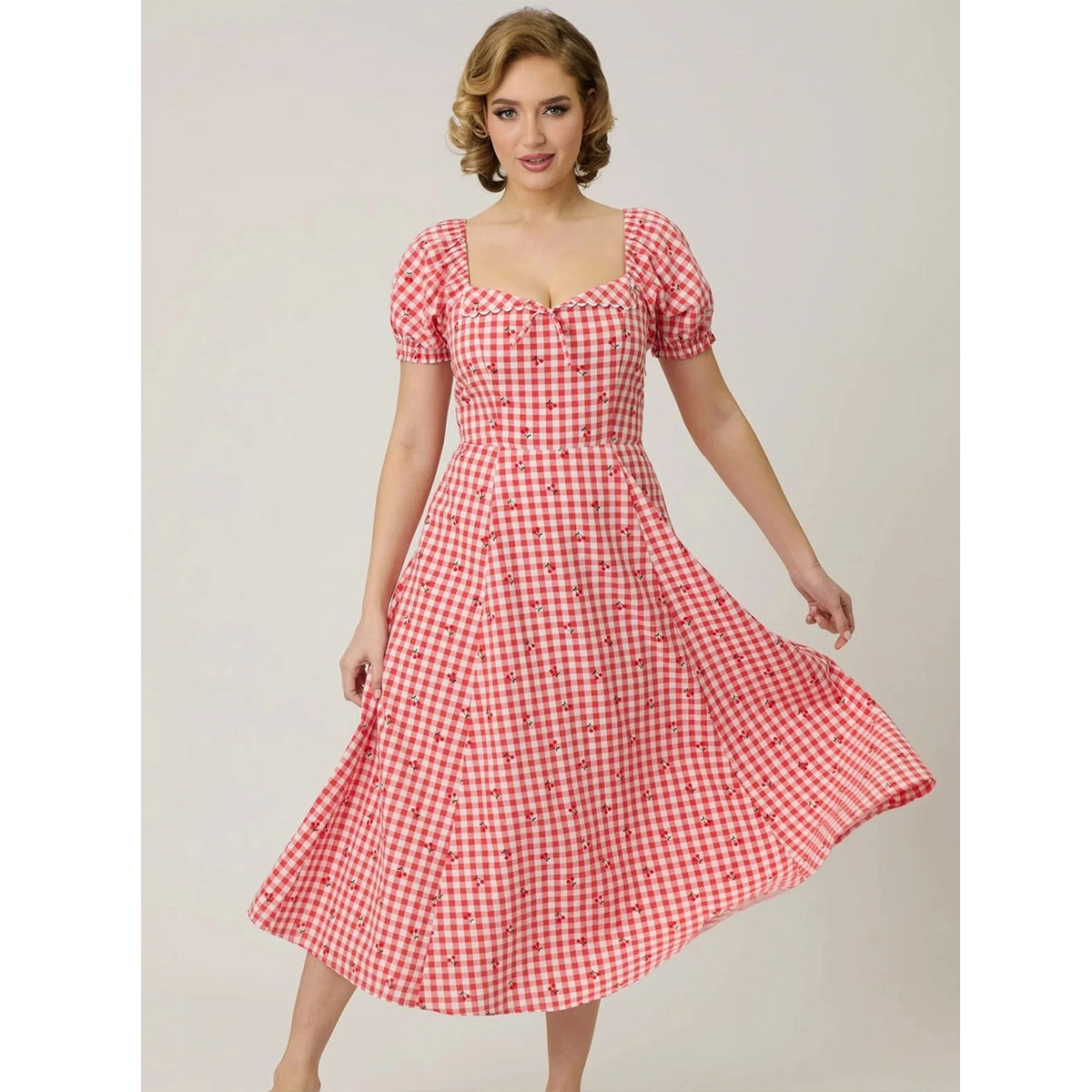 vintage red gingham puff sleeve midi dress midi length skirt smocked back panel
