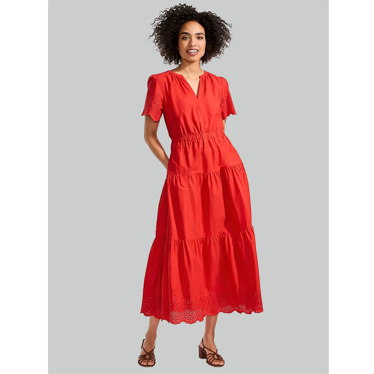 women tiered cotton maxi dress short puff sleeves elastic waist scalloped hem flowy summer dress