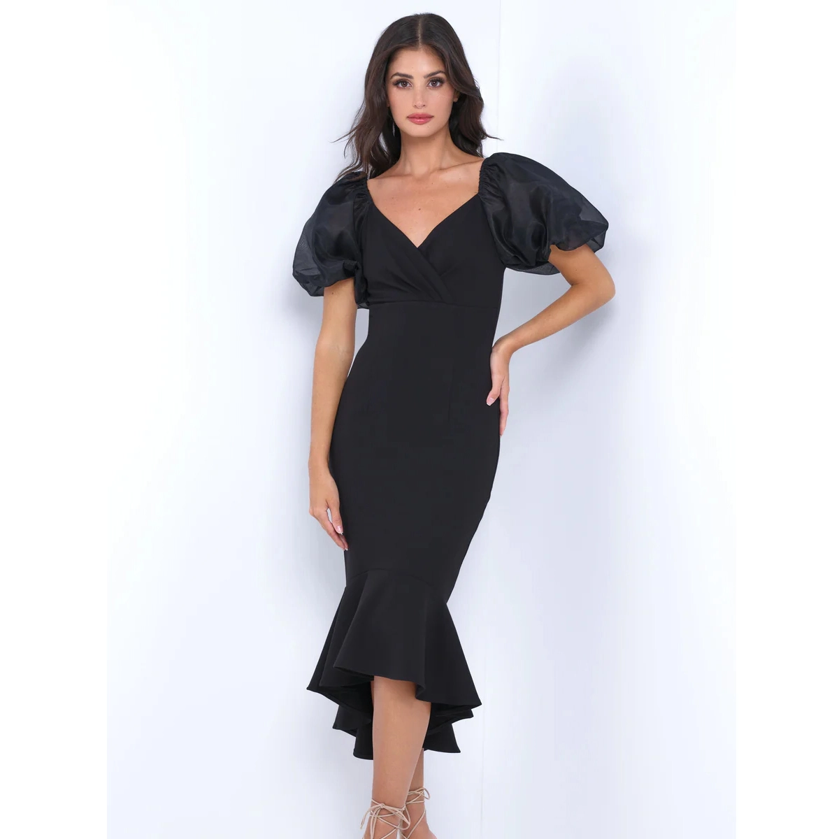 black elegant midi dress with puff sleeves v neckline zip up back and ruffled hem detail