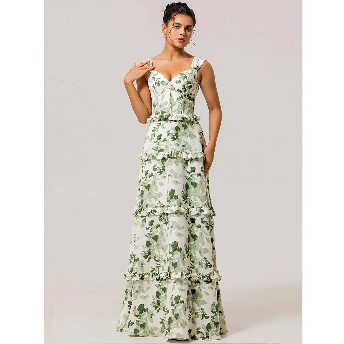 green floral bridesmaid dress a line corset long dress with ruffle detail wedding gown