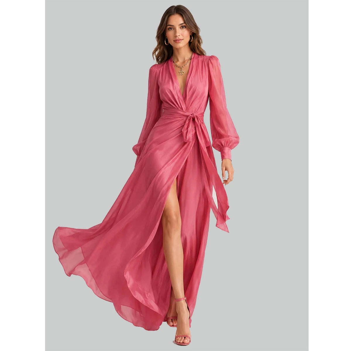 pink chiffon long sleeve wrap dress deep v neckline self tie waist high split maxi dress elegant