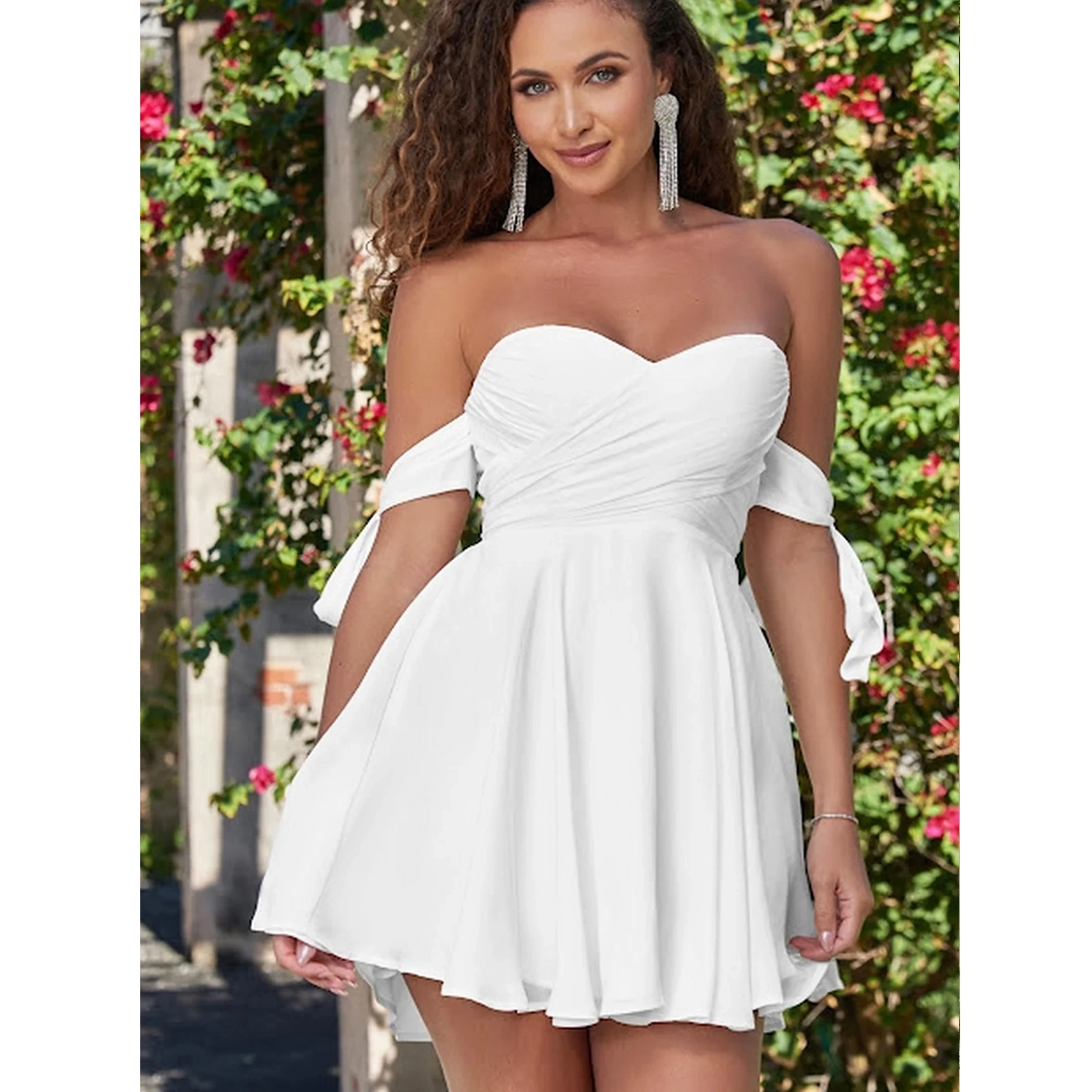 short party dress sweetheart neckline wrap bust tie sleeve flowy skirt hem