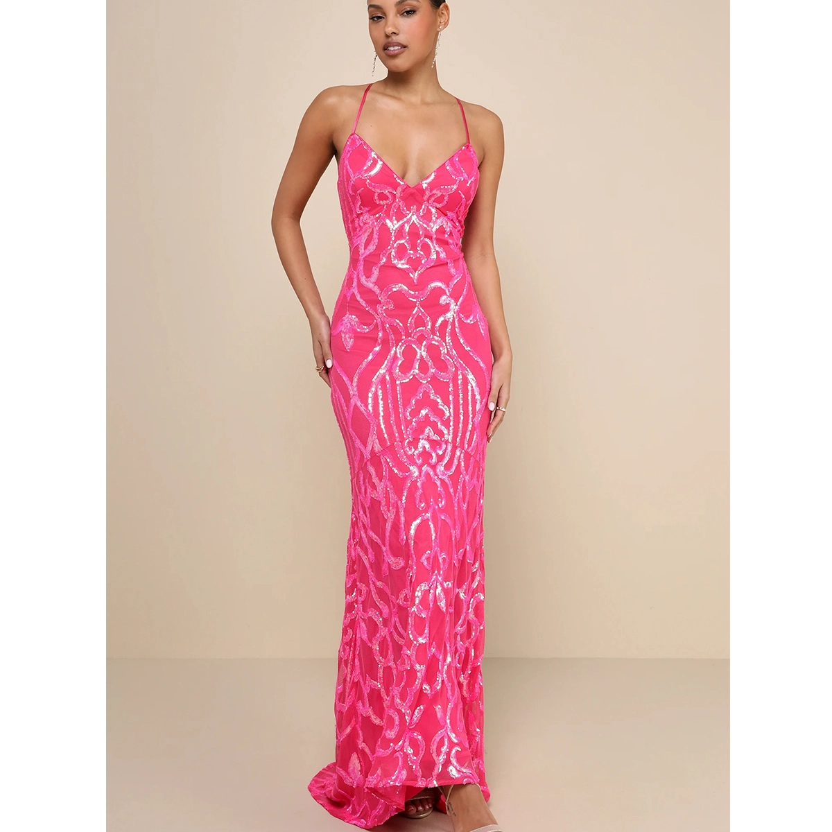 pink sparkly prom dress sequin lace up mermaid maxi dress deep v neckline padded cups boned bodice wholesale