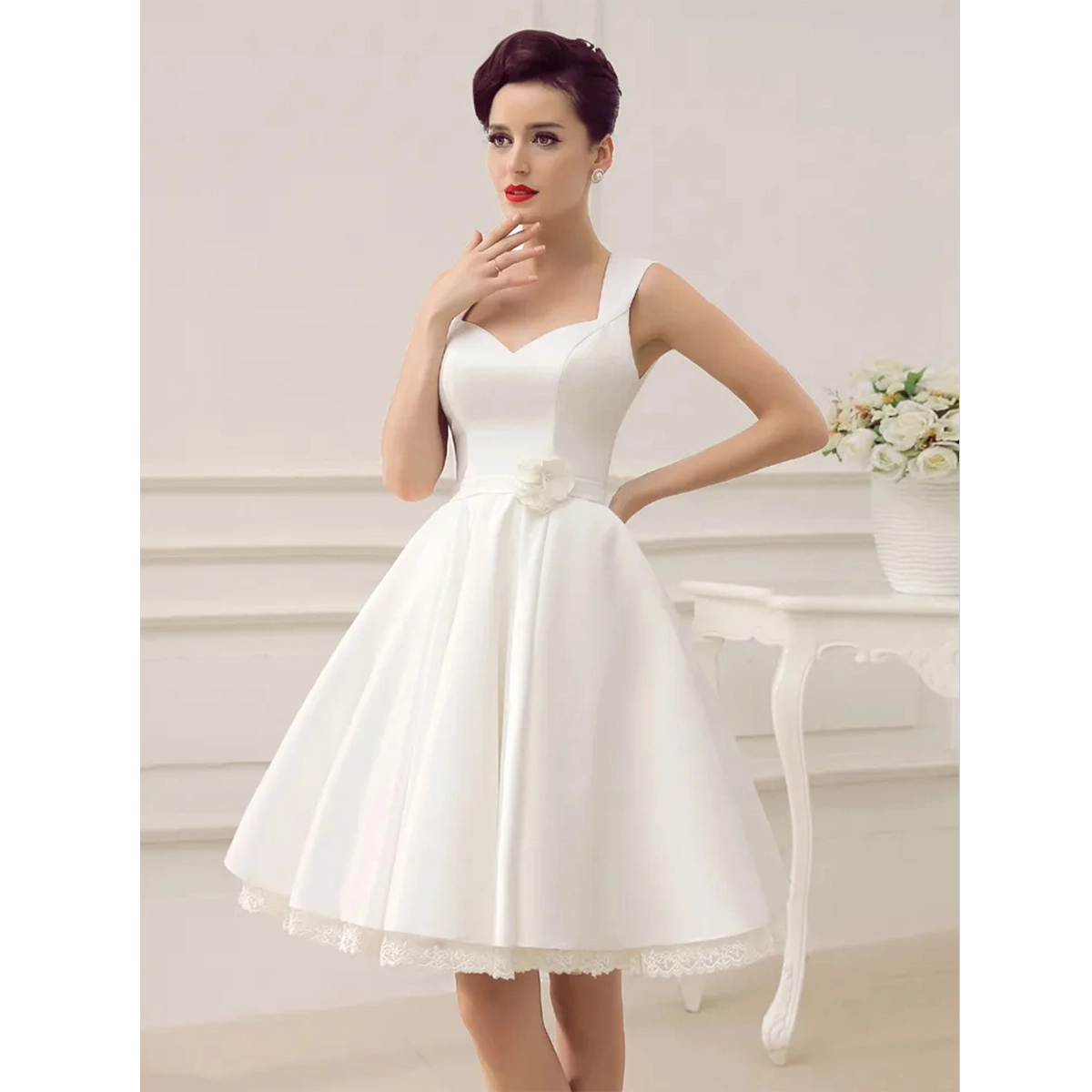 vintage white dress sweetheart bodice floral waist detail satin flared midi skirt lace hem