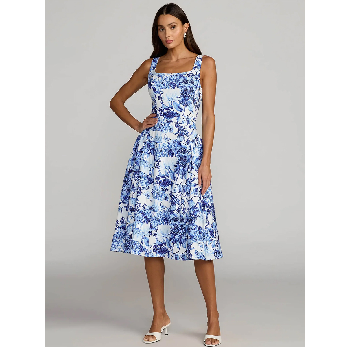 a line floral dress square neck sleeveless shoulder straps fitted bodice midi length casual summer dress