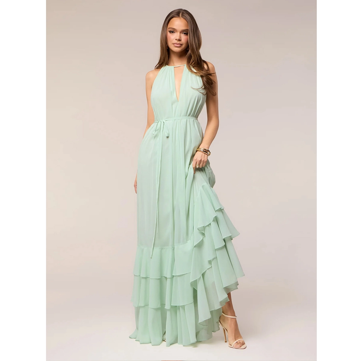 chiffon wedding guest dress with halter keyhole neckline a line silhouette ruffled floor length hem elegant occasion dress manufacturer wholesale supplier