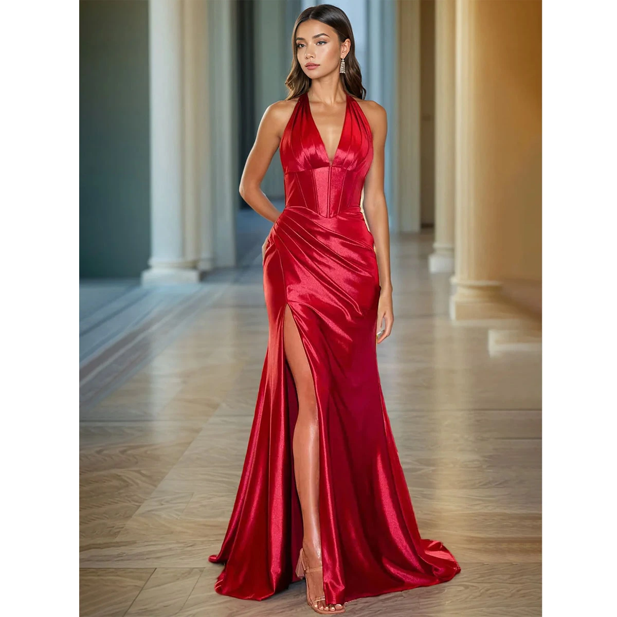 red satin halter formal maxi dress with v neckline high waist ruching side slit and floor length design