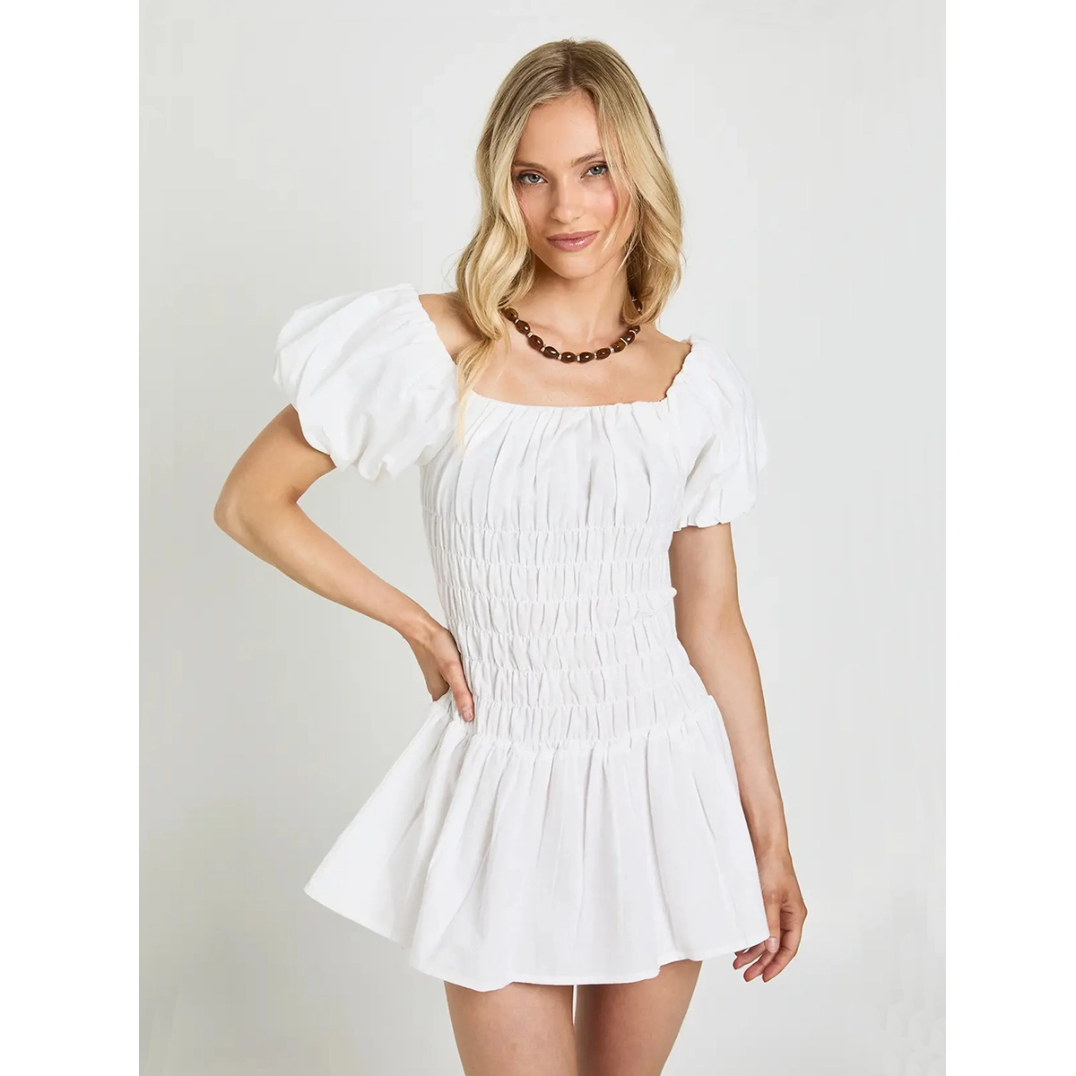 linen puff sleeve mini dress square neckline fully shirred bodice summer dress