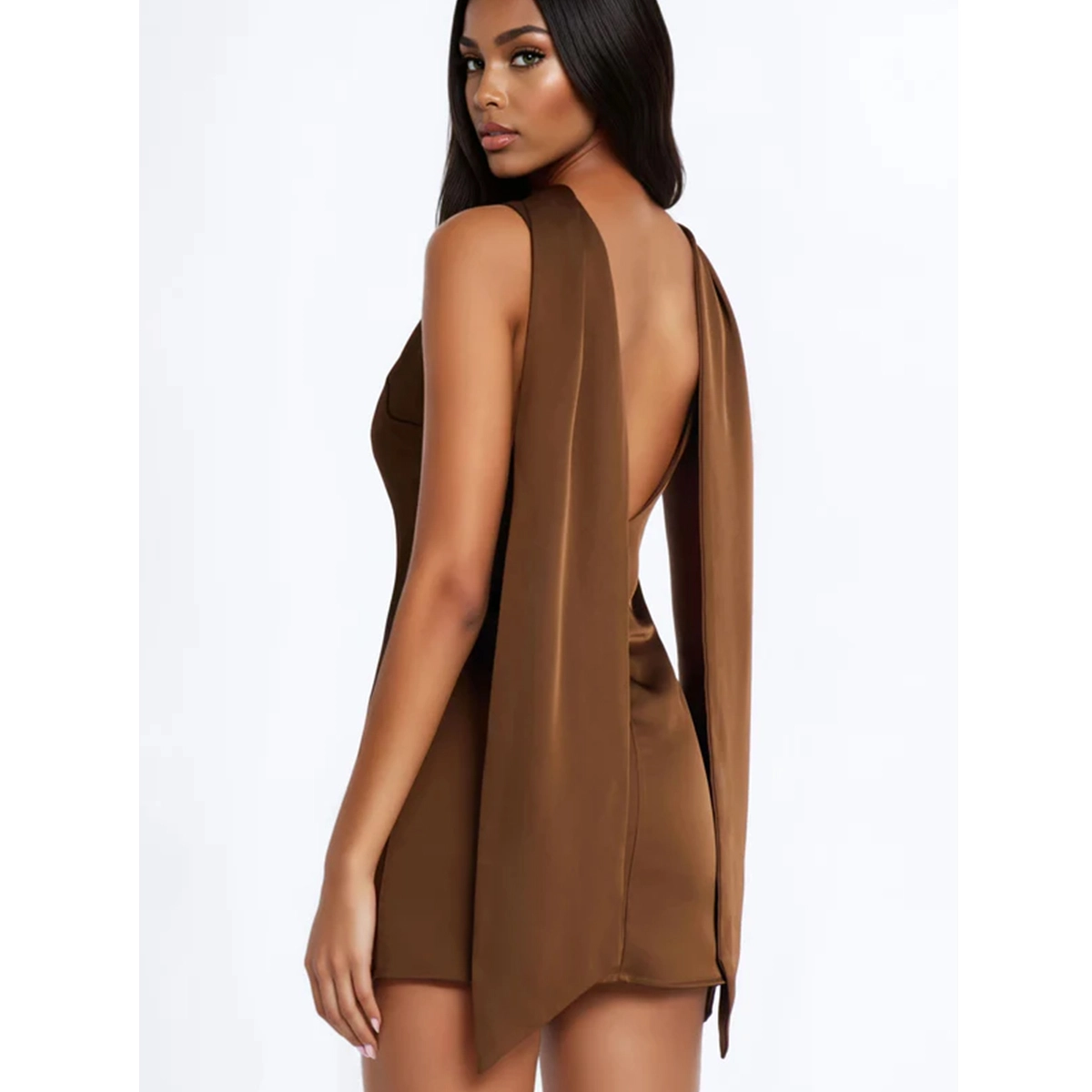 black satin mini dress with mock neckline sleeveless draped detail backless design zipper closure lined finish