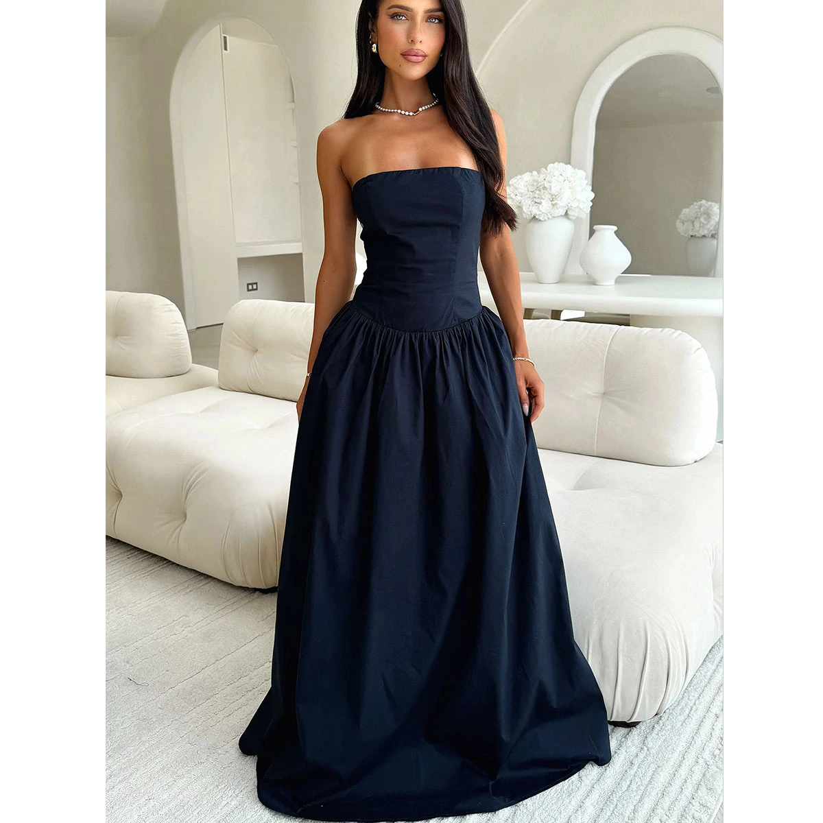 black poplin strapless maxi dress corset bodice gathered waist flowy skirt fully lined elegant dress