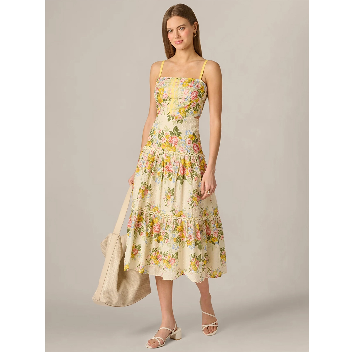 pale yellow cotton vintage floral midi dress with a-line sundress silhouette straight neckline adjustable spaghetti straps dress manufacturer wholesale supplier