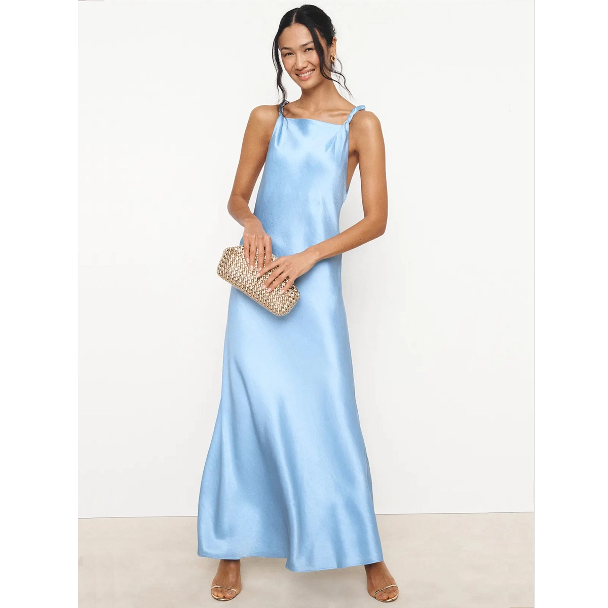 light blue vintage satin dress knotted thin straps square neck low back maxi length