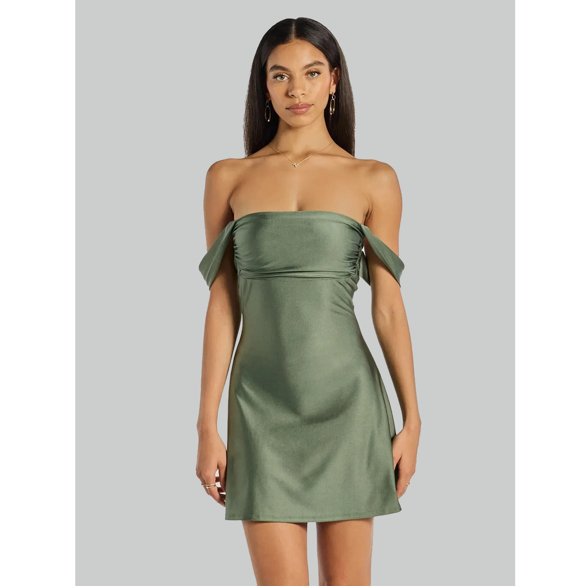 casual party dress olive satin off-shoulder neckline ruched side loose flowy hem