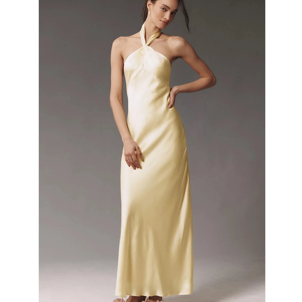 formal prom dress halter neckline slim bias cut lightweight satin fabric