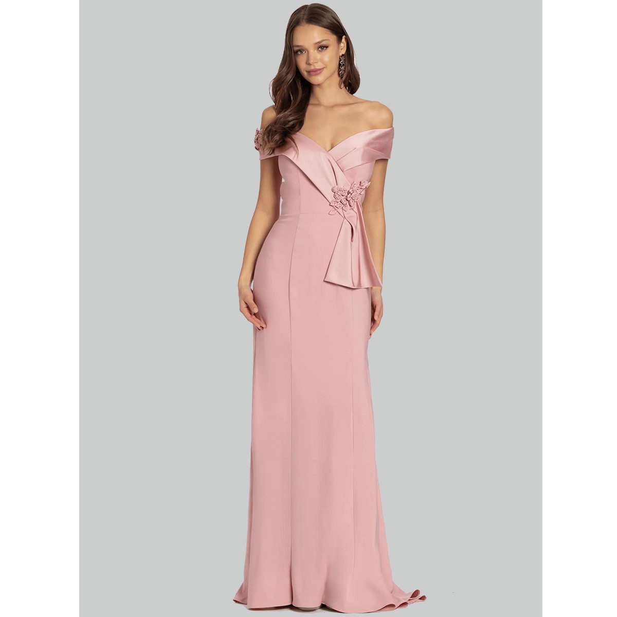 off the shoulder evening cocktail dress with rosette bodice trumpet skirt sweep train fitted formal gown