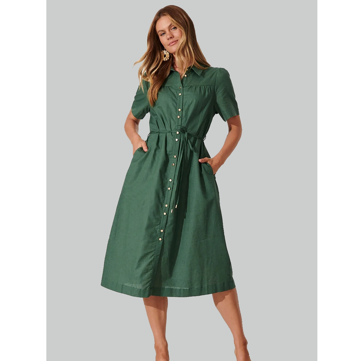green cotton linen blend midi shirt dress with collared design gold buttons waist tie gold toggles and side pockets