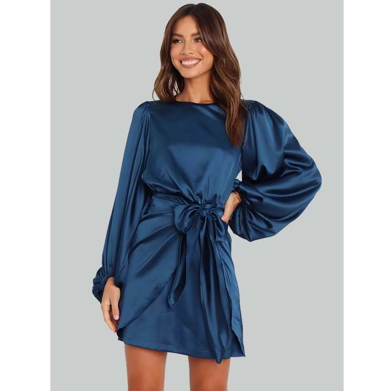 satin prom dress with long sleeves elasticized cuffs high round neckline midi length elegant formal dress