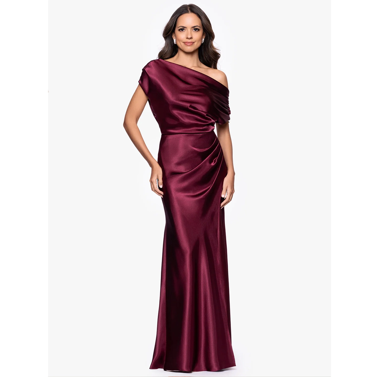 one shoulder satin wedding guest dress with short sleeves hidden side zip closure maxi length elegant silhouette dress manufacturer wholesale supplier
