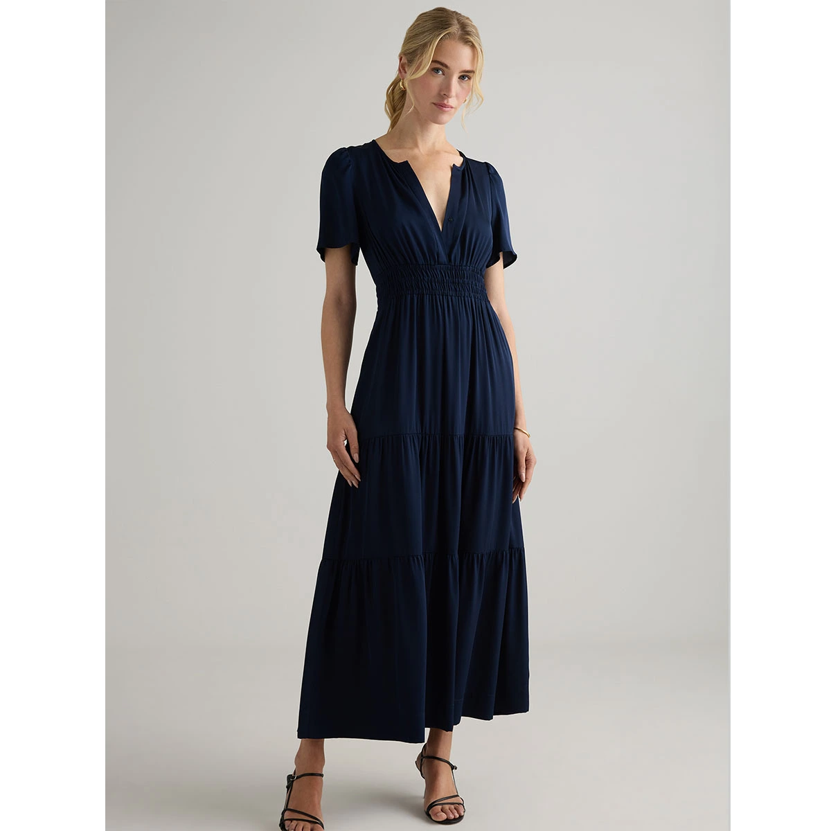 navy tiered maxi dress split v neck short sleeves smocked waist three tier draped skirt casual dress
