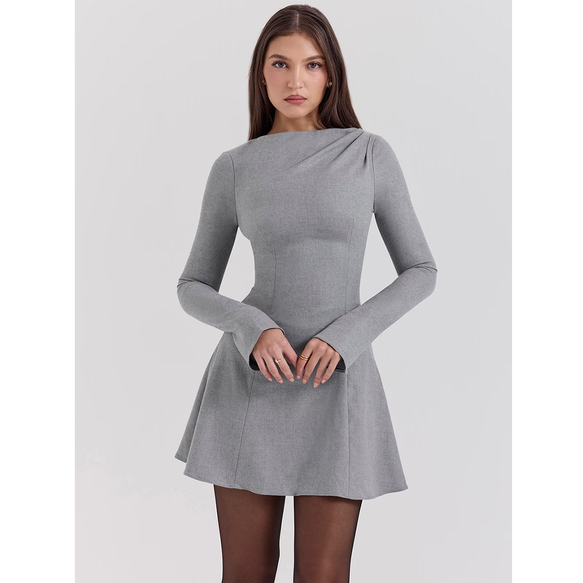 a line long sleeve dress draped boat neck fitted slim mini length office dress