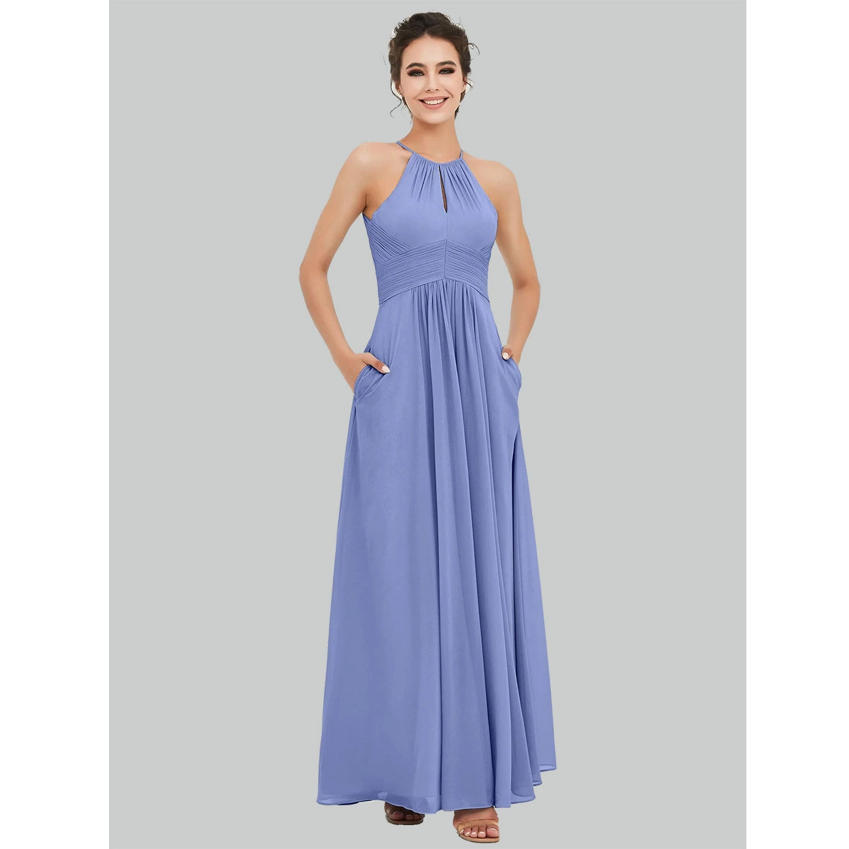 blue chiffon bridesmaid dress with pleated high neckline open back floor length a line silhouette formal gown