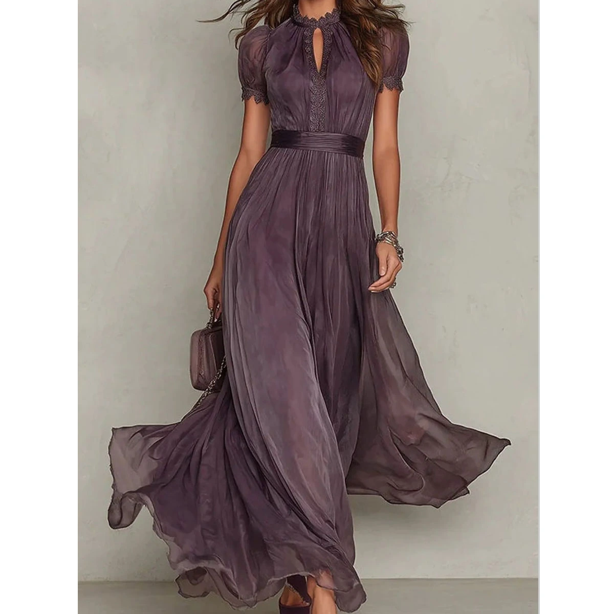 dusty purple chiffon maxi dress lace trim keyhole neckline short sleeves elegant flowy dress