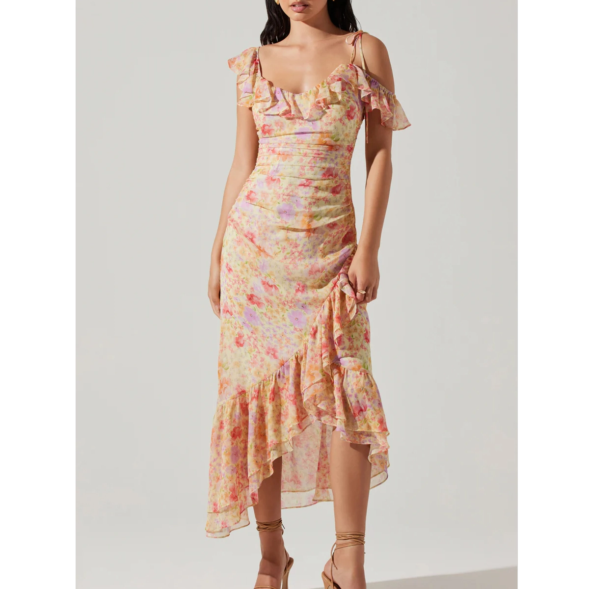floral ruffle chiffon midi dress with asymmetrical flutter sleeve ruffle detailing and bodice ruching
