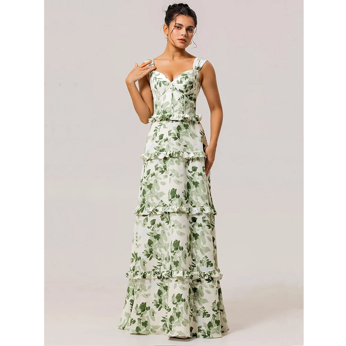 green floral corset a line long wedding guest dress with ruffle details fitted bodice flowing silhouette dress manufacturer wholesale supplier