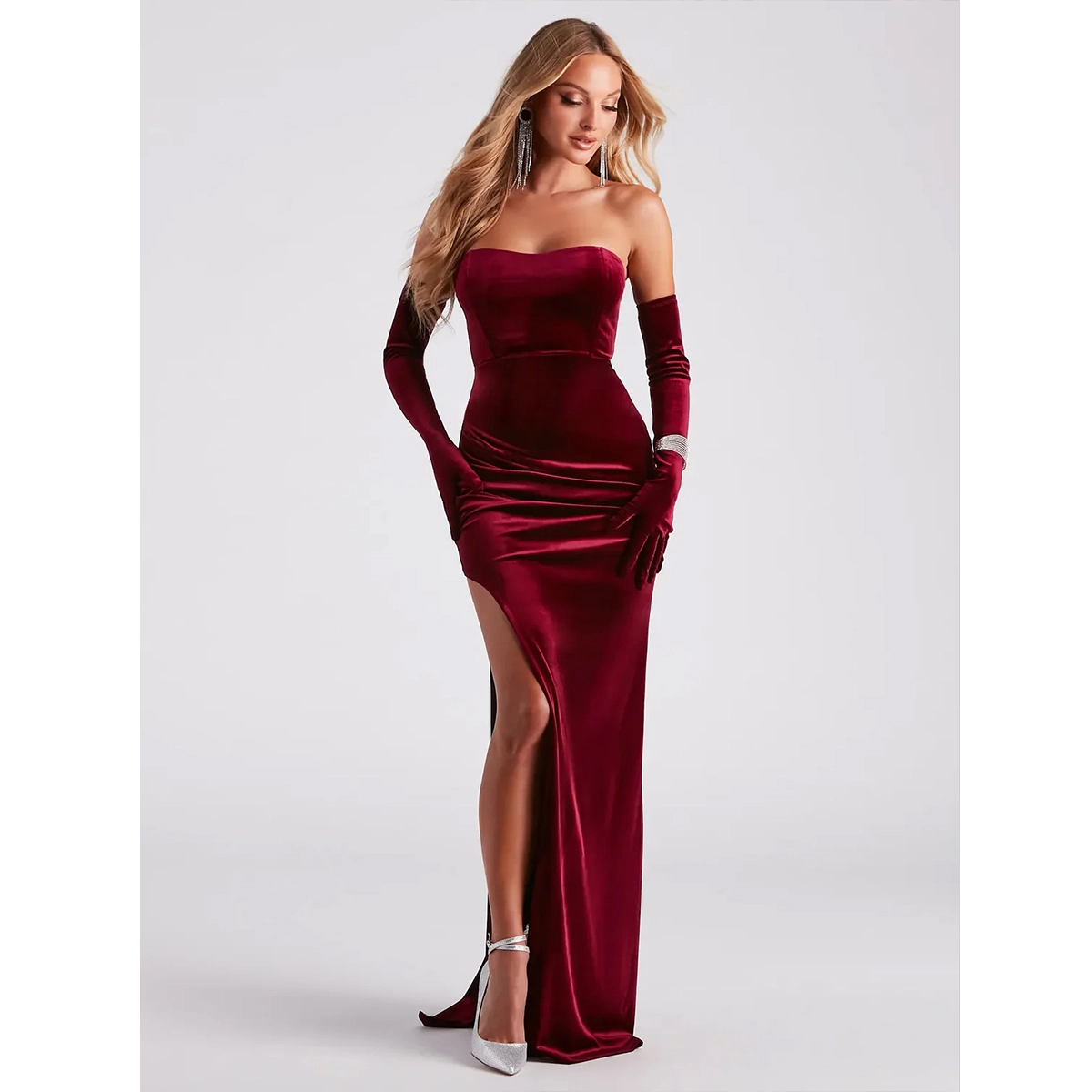 formal velvet dress strapless tube top ruched waist high thigh slit velvet opera gloves