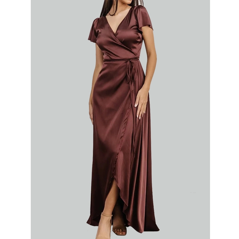 dark clove satin bridesmaid dress with wrap gown flutter sleeves v neckline tulip style skirt fully lined formal wedding dress