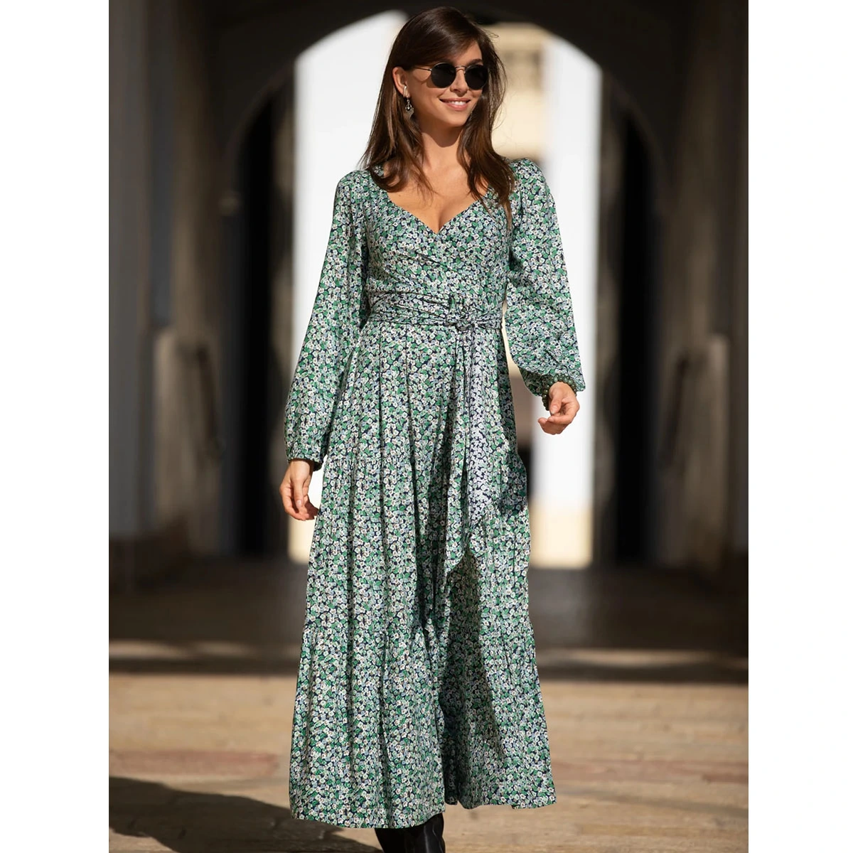ditsy floral boho wrap dress v neck balloon sleeves self tie waist flowy skirt casual dress