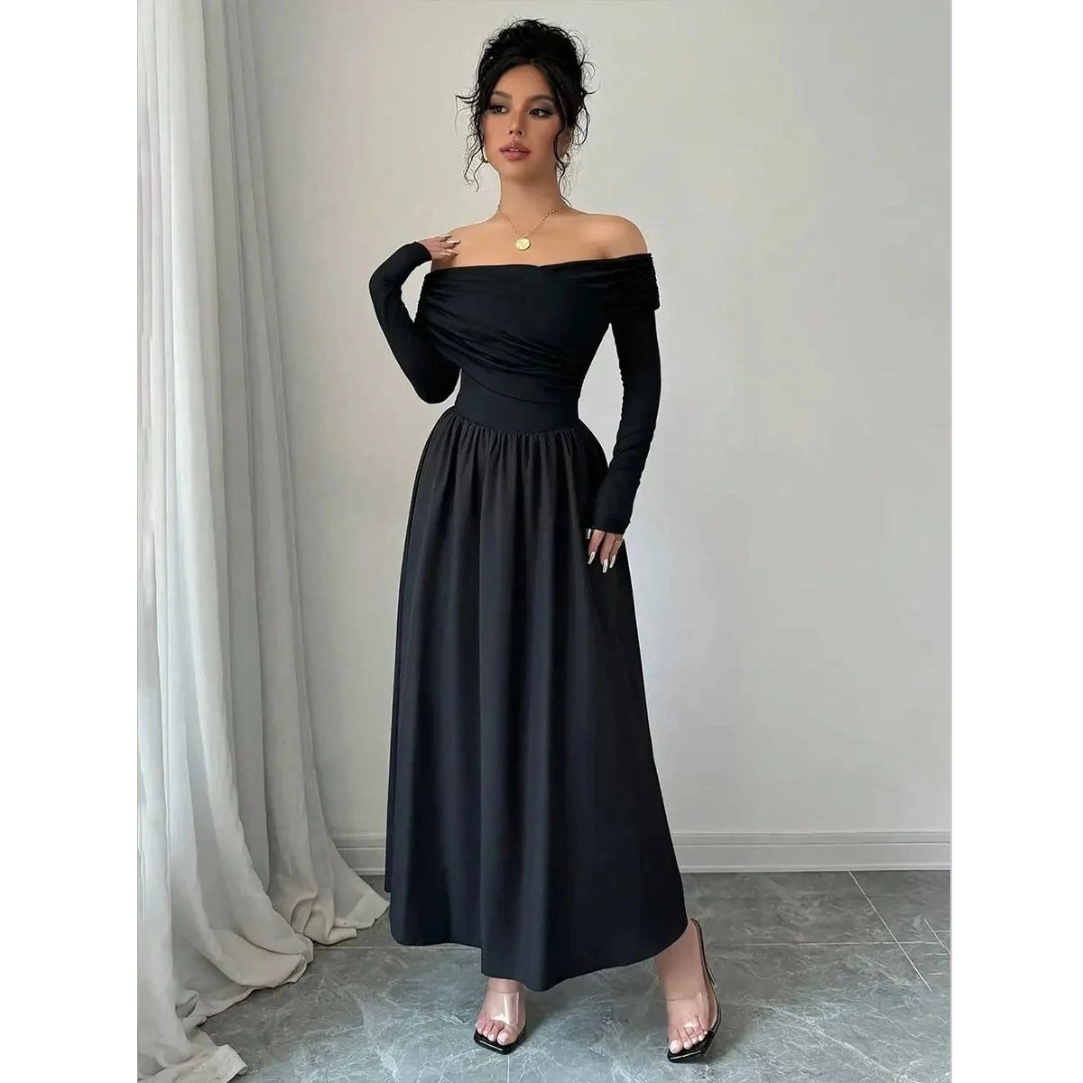 black off shoulder elegant maxi dress pleated bodice fitted waist long sleeve formal dress
