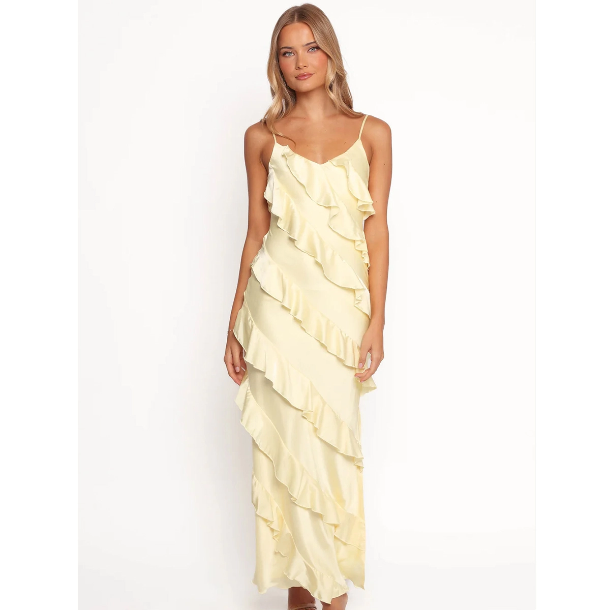elegant wedding guest dress with v neckline adjustable thin straps ruffle details side split maxi length silhouette dress manufacturer wholesale supplier