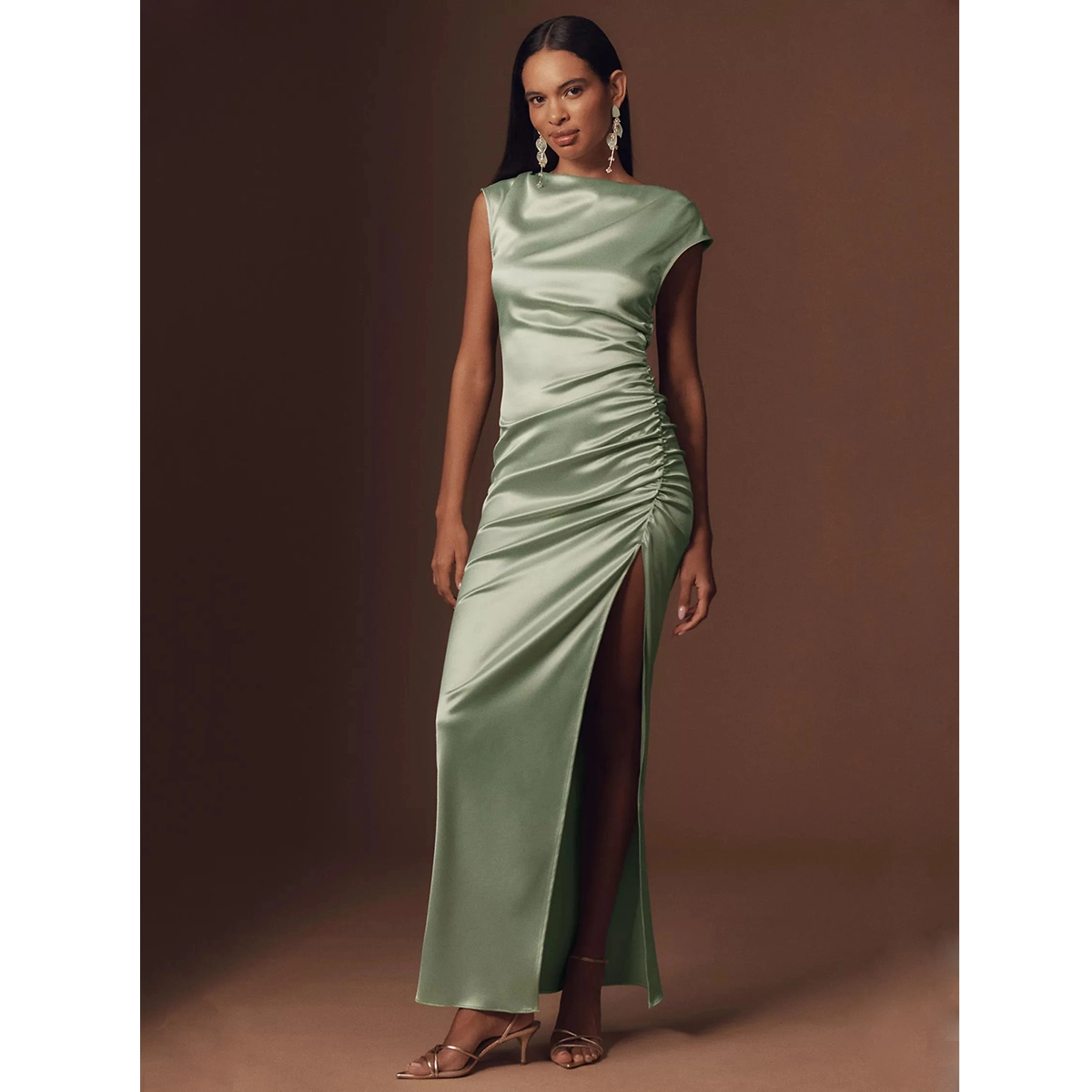 formal wrap dress cowl neckline sage green satin side ruched detailing high front leg slit