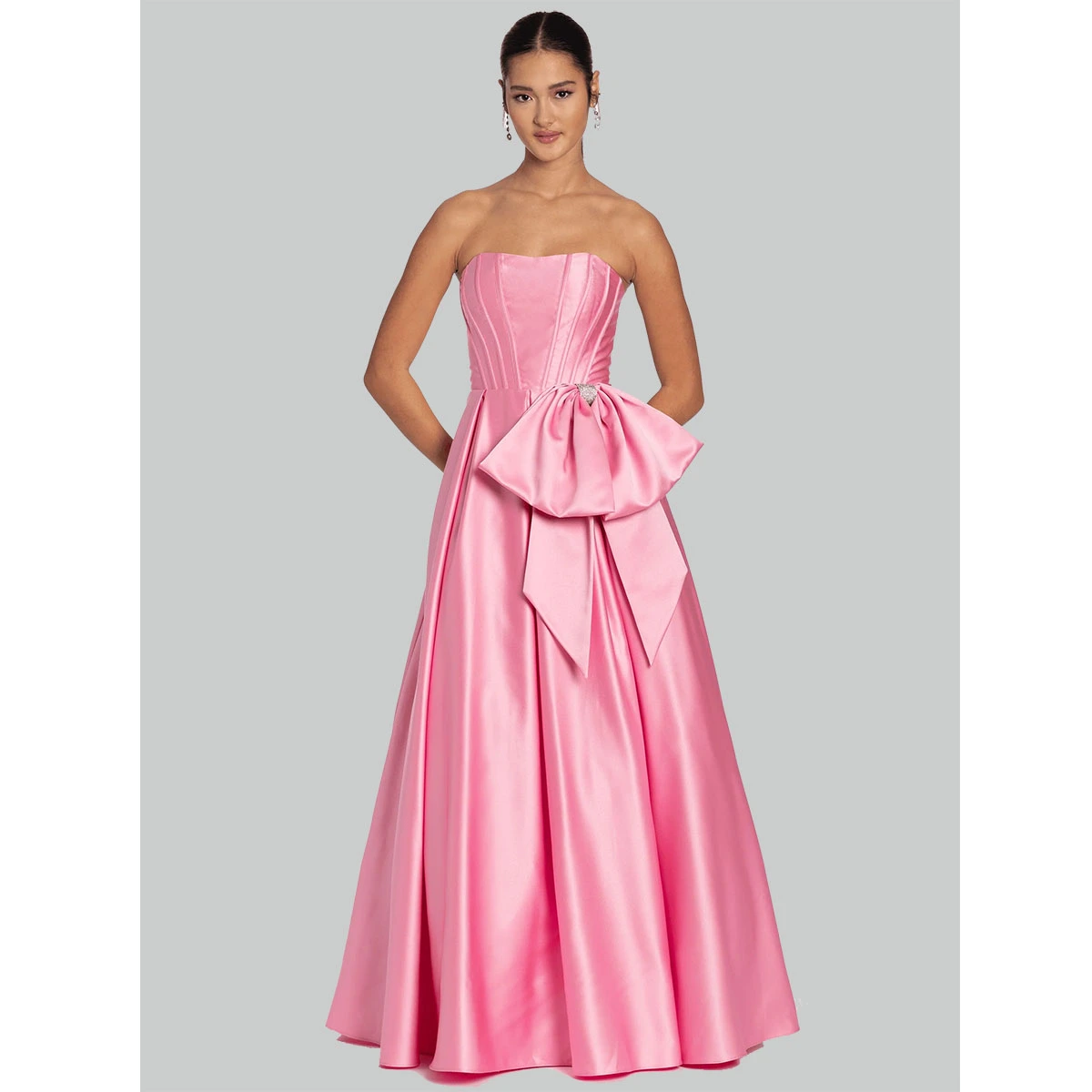 pink satin luxury evening dress with strapless corset bodice side waist bow detail full ball gown silhouette formal gown