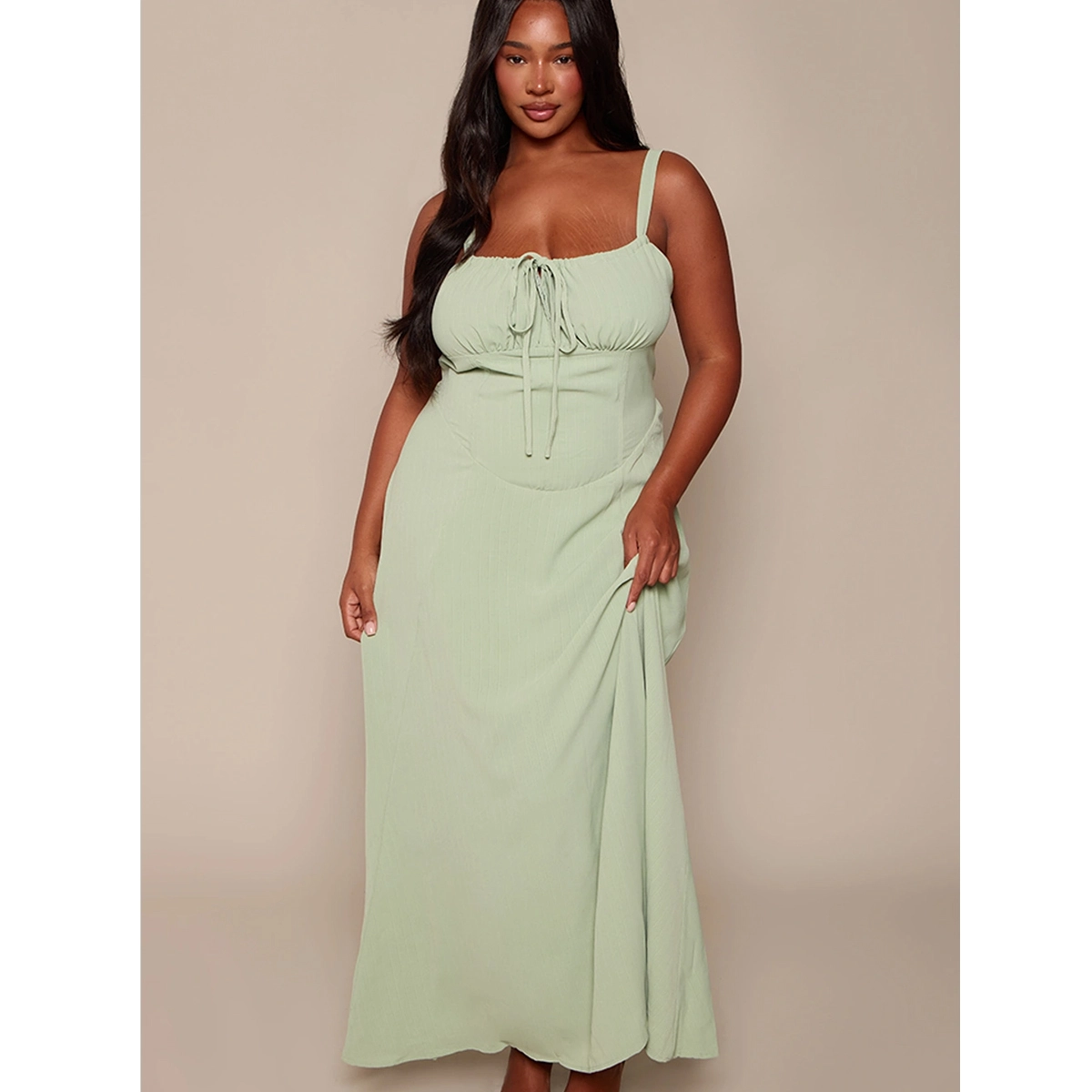 plus size party dress wide spaghetti straps front tie bust fitted waist flowy skirt